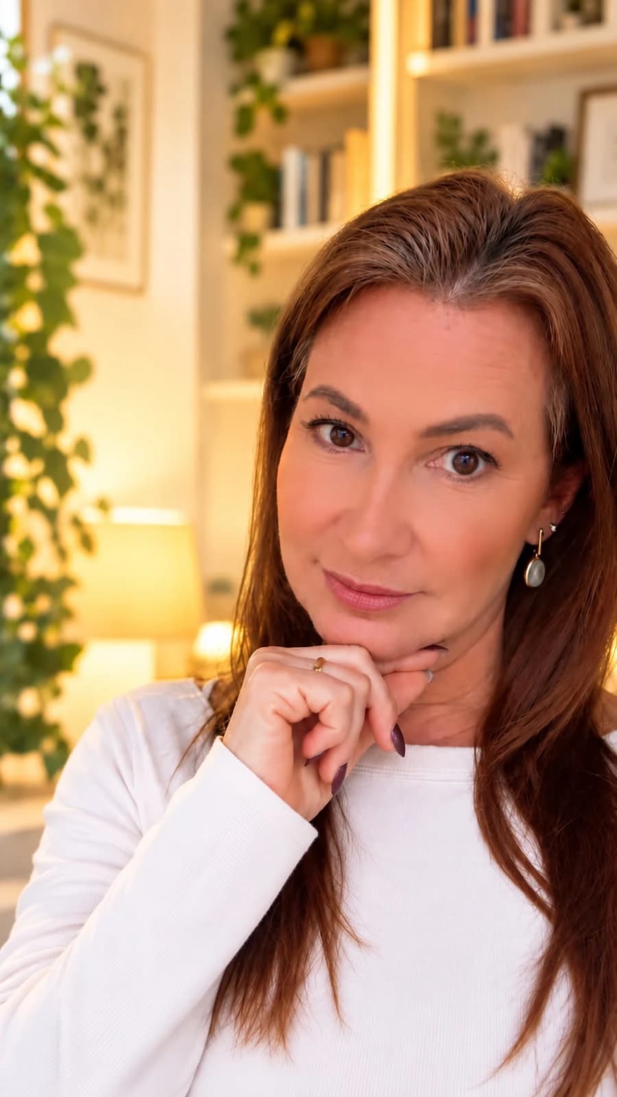 Sílvia Martins, psicóloga, com a mão apoiada no queixo e um sorriso tranquilo, diante de uma estante com livros e plantas